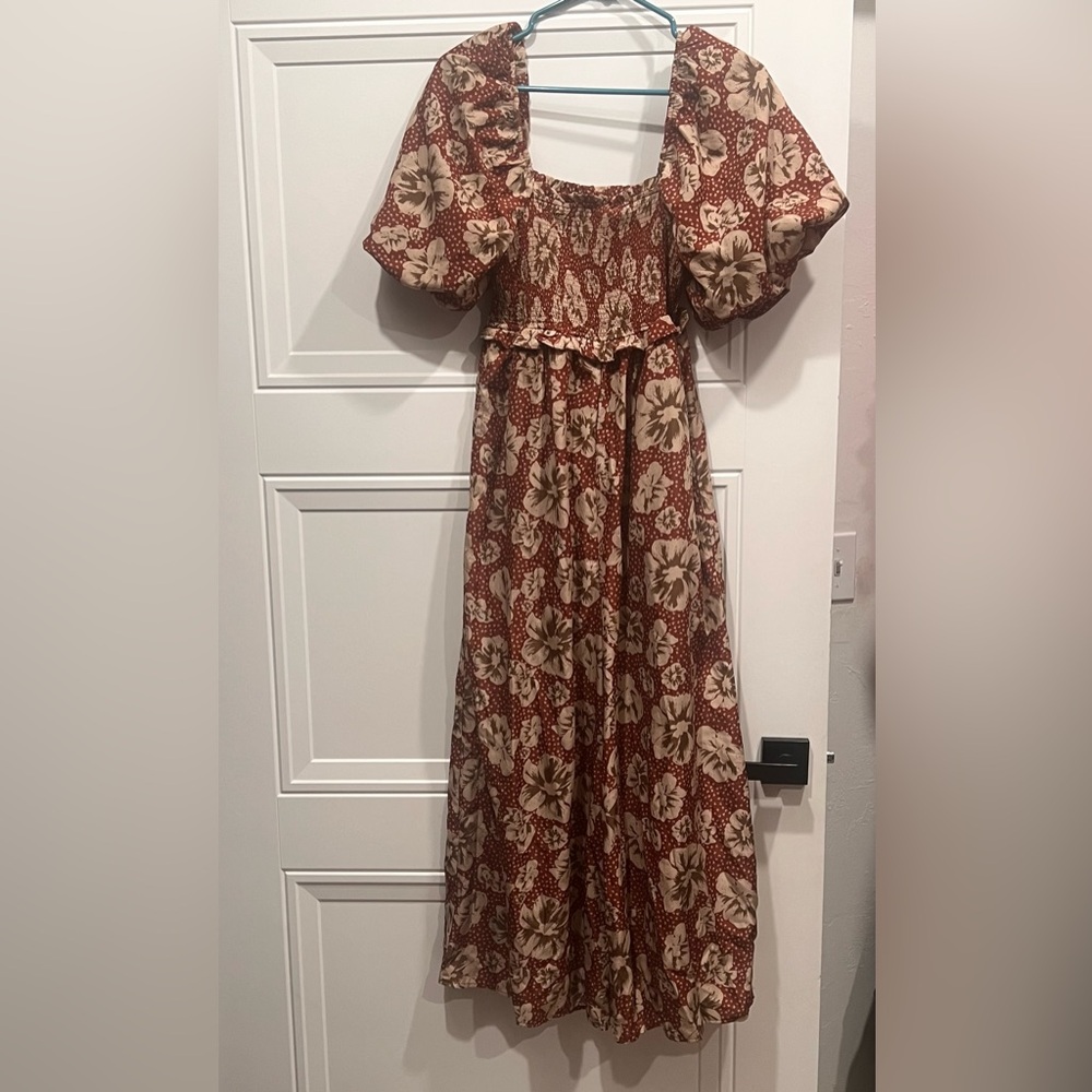 Bohemian Puff-Sleeve Maxi romper in Rust and Cream